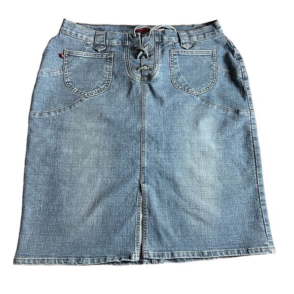 Vtg London Blue Vigoss Jean Skirt Size 1X Blue Denim Lace Up Front Slits Pockets - Picture 1 of 16